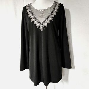 IOS Front & Side Split Hem Sequin Embellished Sheer Neckline Black Tunic Blouse